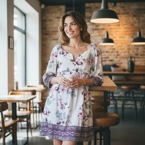 Angie White Floral Midi Dress with Purple Accents
